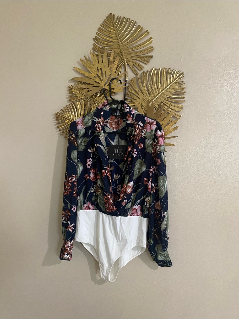 The Moon Floral Wrap Bodysuit in Navy and White